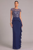 Sparkly Navy Sheath Boat Neck Ruffled Long Formal Dress with Sequins