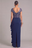 Sparkly Navy Sheath Boat Neck Ruffled Long Formal Dress with Sequins