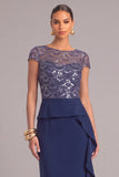 Sparkly Navy Sheath Boat Neck Ruffled Long Formal Dress with Sequins