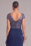 Sparkly Navy Sheath Boat Neck Ruffled Long Formal Dress with Sequins