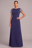 Sparkly Navy A-Line Round Neck Long Formal Dress with Sequins