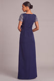 Sparkly Navy A-Line Round Neck Long Formal Dress with Sequins