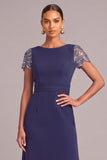 Sparkly Navy A-Line Round Neck Long Formal Dress with Sequins