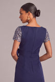 Sparkly Navy A-Line Round Neck Long Formal Dress with Sequins