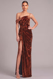 Brown Sheath One Shoulder Ruched Maxi Formal Dress with Slit