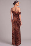 Brown Sheath One Shoulder Ruched Maxi Formal Dress with Slit