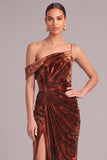 Brown Sheath One Shoulder Ruched Maxi Formal Dress with Slit