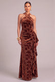 Brown Velvet Floral Mermaid Long Formal Dress with Ruffles