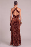 Brown Velvet Floral Mermaid Long Formal Dress with Ruffles