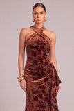 Brown Velvet Floral Mermaid Long Formal Dress with Ruffles