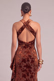Brown Velvet Floral Mermaid Long Formal Dress with Ruffles