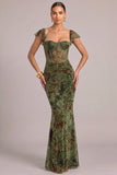 Army Green Mermaid Floral Long Corset Wedding Guest Dress