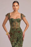 Army Green Mermaid Floral Long Corset Wedding Guest Dress
