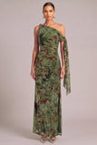 Army Green Floral Mermaid One Shoulder Ruched Maxi Wedding Guest Dress with Slit