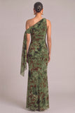 Army Green Floral Mermaid One Shoulder Ruched Maxi Wedding Guest Dress with Slit