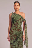 Army Green Floral Mermaid One Shoulder Ruched Maxi Wedding Guest Dress with Slit
