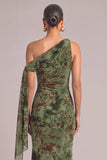 Army Green Floral Mermaid One Shoulder Ruched Maxi Wedding Guest Dress with Slit