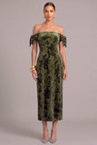 Army Green Sheath Off the Shoulder Floral Midi Wedding Guest Dress with Bow