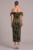 Army Green Sheath Off the Shoulder Floral Midi Wedding Guest Dress with Bow