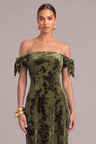 Army Green Sheath Off the Shoulder Floral Midi Wedding Guest Dress with Bow
