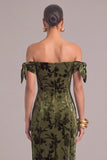 Army Green Sheath Off the Shoulder Floral Midi Wedding Guest Dress with Bow