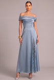 Dusty Blue Satin Off the Shoulder Lace A-Line Long Formal Dress with Slit