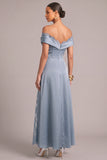 Dusty Blue Satin Off the Shoulder Lace A-Line Long Formal Dress with Slit