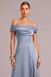 Dusty Blue Satin Off the Shoulder Lace A-Line Long Formal Dress with Slit