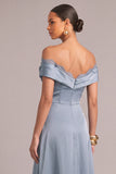 Dusty Blue Satin Off the Shoulder Lace A-Line Long Formal Dress with Slit