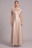 Champagne A-Line Boat Neck Satin Maxi Lace Formal Dress with Sleeves