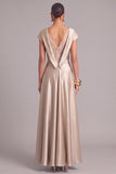Champagne A-Line Boat Neck Satin Maxi Lace Formal Dress with Sleeves