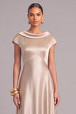 Champagne A-Line Boat Neck Satin Maxi Lace Formal Dress with Sleeves