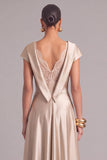 Champagne A-Line Boat Neck Satin Maxi Lace Formal Dress with Sleeves