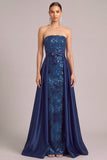 Sparkly Dark Blue Sheath Strapless Sequins Long Formal Dress with Bow