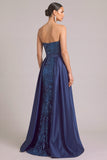 Sparkly Dark Blue Sheath Strapless Sequins Long Formal Dress with Bow