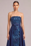 Sparkly Dark Blue Sheath Strapless Sequins Long Formal Dress with Bow