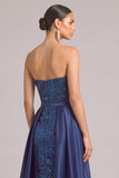 Sparkly Dark Blue Sheath Strapless Sequins Long Formal Dress with Bow