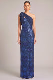 Dark Blue Sparkly Sheath One Shoulder Sequins Long Formal Dress with Bow