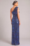 Dark Blue Sparkly Sheath One Shoulder Sequins Long Formal Dress with Bow