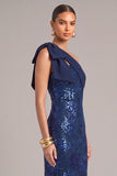 Dark Blue Sparkly Sheath One Shoulder Sequins Long Formal Dress with Bow