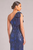 Dark Blue Sparkly Sheath One Shoulder Sequins Long Formal Dress with Bow