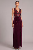 Sparkly Dark Red Sheath V-Neck Ruched Velvet Long Formal Dress with Sequins