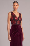 Sparkly Dark Red Sheath V-Neck Ruched Velvet Long Formal Dress with Sequins