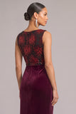 Sparkly Dark Red Sheath V-Neck Ruched Velvet Long Formal Dress with Sequins