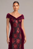 Dark Red Sparkly Mermaid V-Neck Velvet Long Formal Dress with Sequins