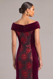 Dark Red Sparkly Mermaid V-Neck Velvet Long Formal Dress with Sequins