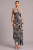 Grey Blue Sheath Ruffled One Shoulder Velvet Ruched Asymmetrical Wedding Guest Dress