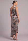 Grey Blue Sheath Ruffled One Shoulder Velvet Ruched Asymmetrical Wedding Guest Dress