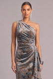 Grey Blue Sheath Ruffled One Shoulder Velvet Ruched Asymmetrical Wedding Guest Dress