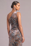 Grey Blue Sheath Ruffled One Shoulder Velvet Ruched Asymmetrical Wedding Guest Dress